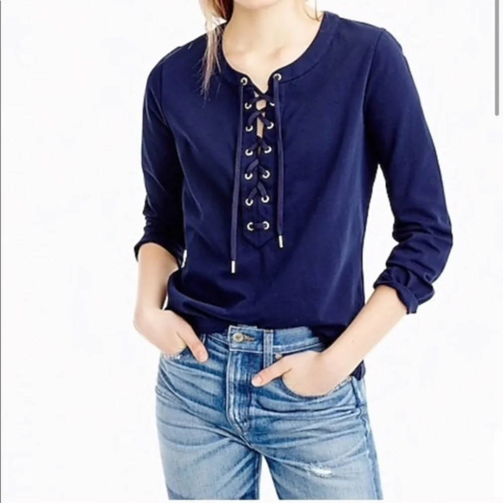 J.Crew Navy Lace Up Top XS 100%‎ Cotton 3/4 Sleeve Casual Blouse
